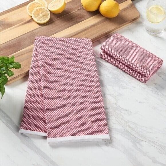 Better Homes & Gardens Oversized Woven Kitchen Towels Red White 2pc Gift NEW - Picture 3 of 6